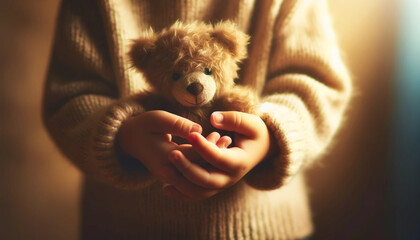Child's hands gently holding a teddy bear. Child care concept. Ai generative - obrazy, fototapety, plakaty