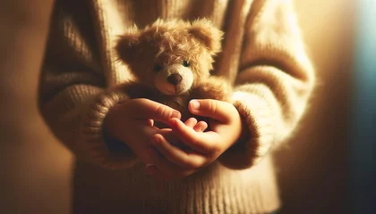Fotobehang Child's hands gently holding a teddy bear. Child care concept. Ai generative © CurioTime