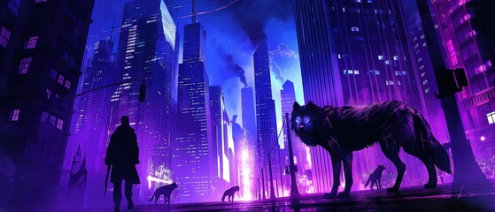 conceptual digital illustration masterfully intertwines the silhouette of a majestic, mythical wolf with the dynamic, vibrant cityscape. The wolf's design is elegantly mirrored within the architecture