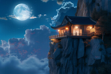 Asian Traditional house in the edge of rock mountains cliff  in the blue midnight with super moon - obrazy, fototapety, plakaty