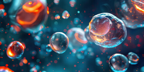 Colorful Floating Bubbles Illuminated by Red and Blue Lights in the Background