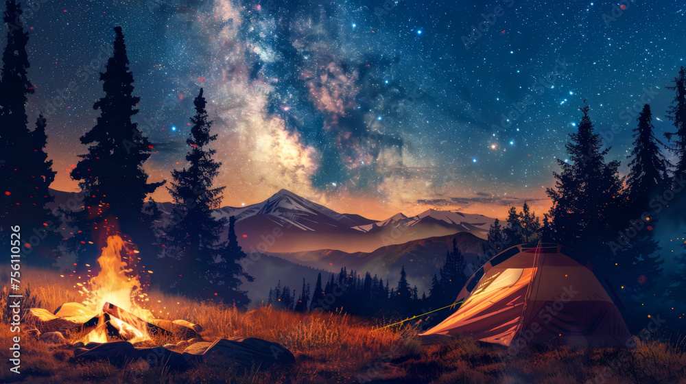 Wall mural a tent is set up in a field with a beautiful view of the mountains and a starry sky.