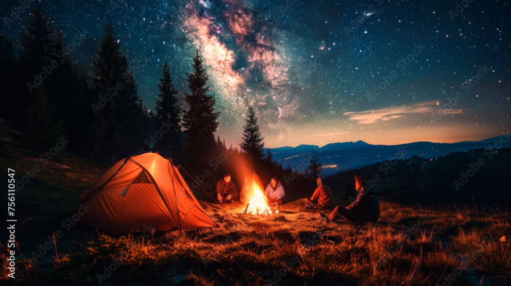 Wall mural a tent is set up in a field with a beautiful view of the mountains and a starry sky.