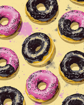 Assorted donuts with pink and black frosting and sprinkles, closeup view