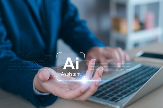 Chat robot ai assistant concept. Business man show smart ai chatbot. Modern technology ai or artificial intelligence service business analysis. Futuristic technology transformation.