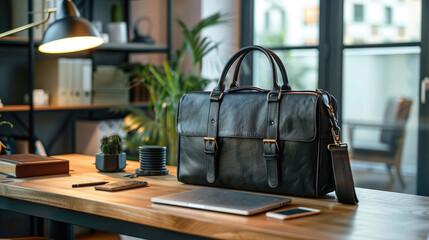 Professional Black Leather Briefcase on a Wooden Desk in a Modern Office Setting - obrazy, fototapety, plakaty