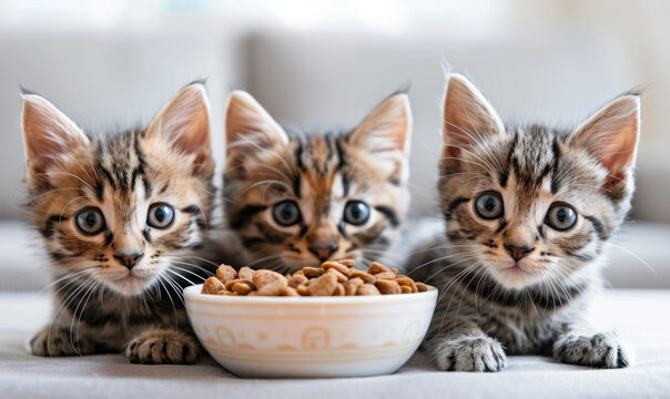 Cute Tabby Kitten Sitting Near the Bowl of Pet Food