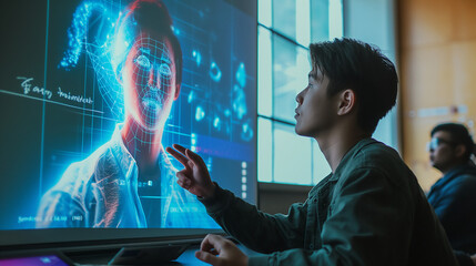  image of a student using a digital holographic screen to take notes in class