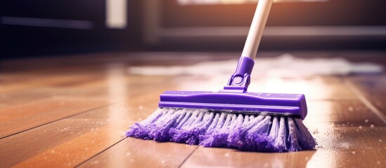 Indoor cleaning with a purple mop.