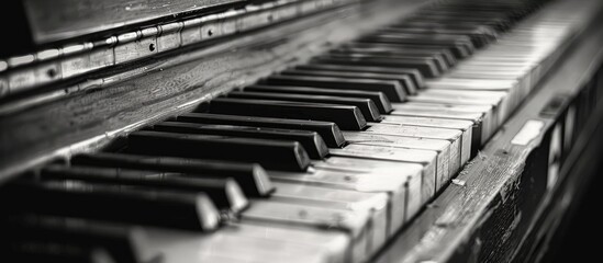 A vintage black and white photograph showcasing an old piano keyboard, a classic musical instrument that has stood the test of time