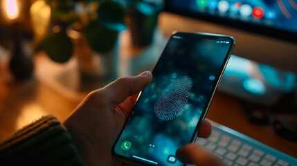An image of a person scanning their fingerprint to unlock a smartphon