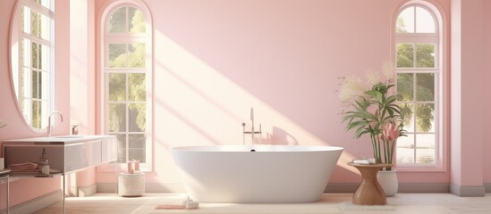 Modern bathroom with pastel pink walls, bathtub, and large window.