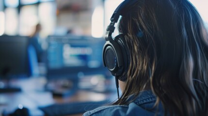 A detailed image of a students headphones plugged into a computer ready for them to immerse themselves in a virtual learning experience.