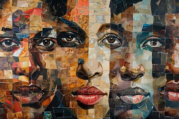 An intricate cubist portrait collage depicting the diverse and multifaceted nature of human faces in an array of earthy tones.
