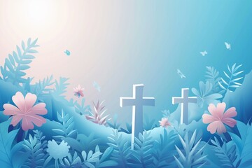 Fototapeta na wymiar Easter Sunday with cross symbol blue background.