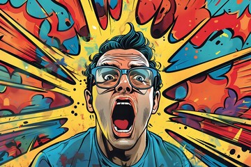 A comic book style illustration of a shocked man with a vivid, explosive background symbolizing surprise and intense emotion.
