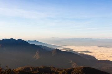 Doi Inthanon Mountain. Sea of mist and clouds view from the highest mountain in Thailand. Doi Inthanon National Park. Amazing Thai landscape.