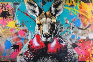 Urban art of a kangaroo wearing red boxing gloves set against a vibrant, graffiti-splattered wall.
