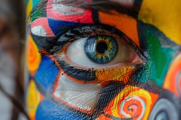 A detailed close-up of a human eye surrounded by vibrant, multicolored face paint with intricate patterns.
