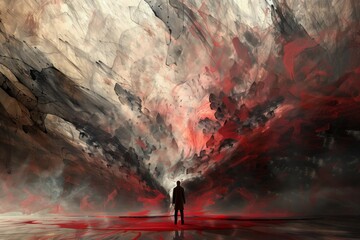 A solitary figure stands against an expansive apocalyptic sky painted in haunting shades of red and gray, evoking a sense of impending doom.
