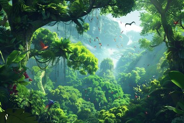 A digital art creation of a dense, mystical rainforest, with beams of sunlight piercing through the lush greenery and birds flying in the distance.
