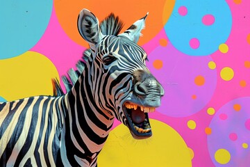 Fototapeta na wymiar A striking image of a zebra with its mouth open as if laughing, set against a vibrant pop art polka dot background. 