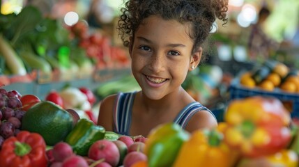 An adventurous girl is exploring a bustling farmers market trying new fruits and vegetables from different vendors. She carefully selects the most colorful and ripe items