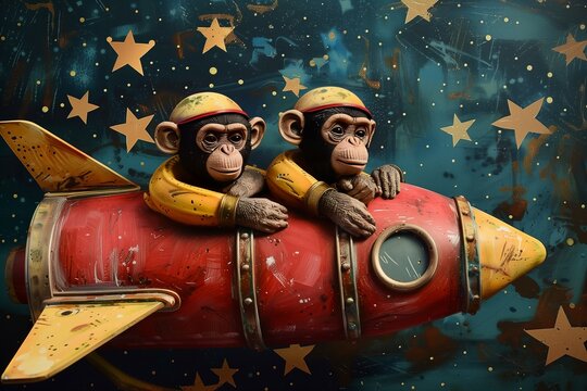 Illustration of two monkey astronauts in spacesuits on a classic red rocket traveling through a star-filled galaxy.
