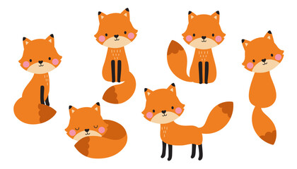 Cute baby red fox cartoon vector illustration set. Fox in various poses such as standing, sitting, and sleeping.