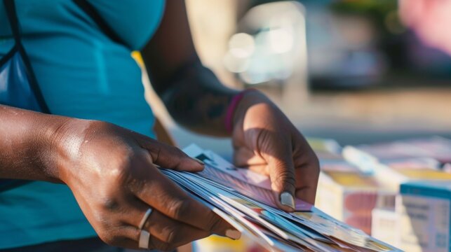 A closeup of a volunteers hands as they work diligently to distribute educational materials such as flyers and brochures to a local community. The image showcases the power