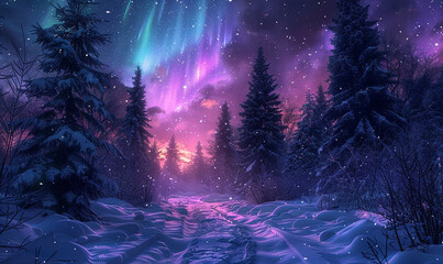 A magical winter forest with vibrant aurora borealis, creating an enchanting backdrop for fantasy and naturethemed designs - obrazy, fototapety, plakaty