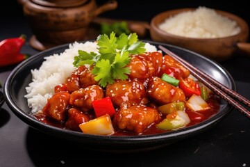 Chinese dish, pork in sweet sauce on dark background