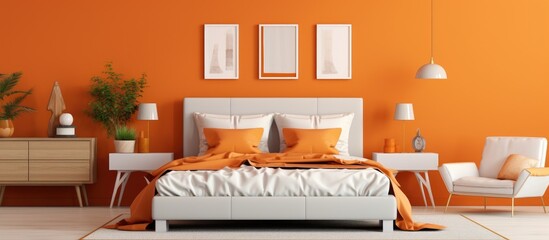 Modern orange bedroom with classic elements and minimalist decor, interior design concept