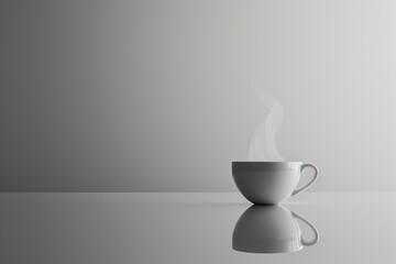 A minimalist setup of a coffee cup with steam rising placed on a clean