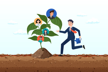 Businessman HR watering growing tree with employees, career growth, HR human resources or organization, people management, career development strategy, employee skill or hiring, recruitment (Vector)