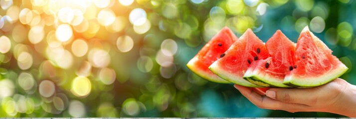 Hand holding watermelon wedge with selection on blurred background, copy space available