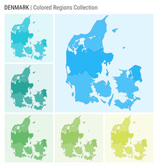 Denmark map collection. Country shape with colored regions. Light Blue, Cyan, Teal, Green, Light Green, Lime color palettes. Border of Denmark with provinces for your infographic. Vector illustration.