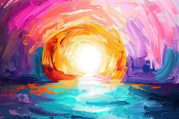 Colorful and joyful painting art of the empty tomb of Jesus. Easter or Resurrection concept. He is Risen! - obrazy, fototapety, plakaty