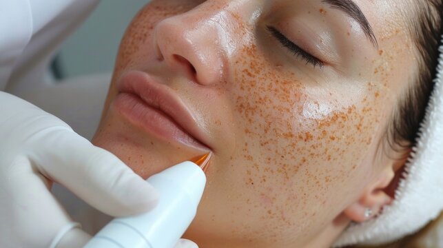A woman receiving laser treatment for her melasma a type of skin discoloration. The laser targets and breaks up the excess pigment in the skin resulting in a more even skin
