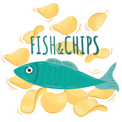 Fish and chips. English dish with fish. Vector isolated image with inscription.