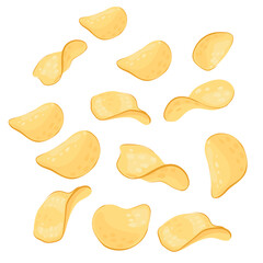 A set of crispy salty chips of different shapes. Vector image. For packaging, advertising, decoration