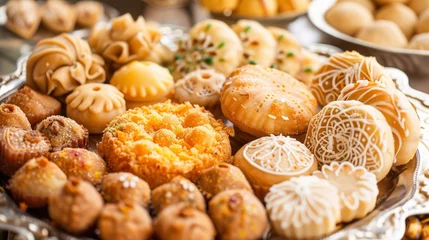 Fotobehang A platter of delectable sweets and savory snacks including ladoos kachoris and namak pare served as a traditional Diwali snack during family gatherings. © Justlight
