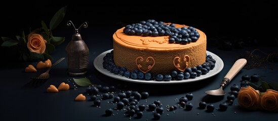 Orange cake with blueberries and LOVE inscription on top placed on a dark table.