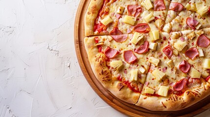 Delicious pizza with ham and pineapple on bright white background, ideal for text placement