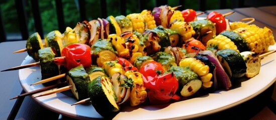 A plate of grilled vegetable skewers is a delicious finger food option for any event. The dish features a variety of plantbased ingredients cooked to perfection