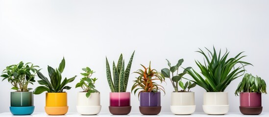 Green houseplants in colorful pots s on white background