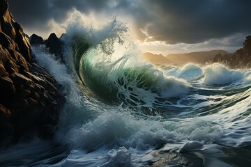 A massive wind wave crashes against the rocky shoreline under the cloudy sky - obrazy, fototapety, plakaty