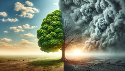 Tree Straddling Clear and Smog-Filled Sky