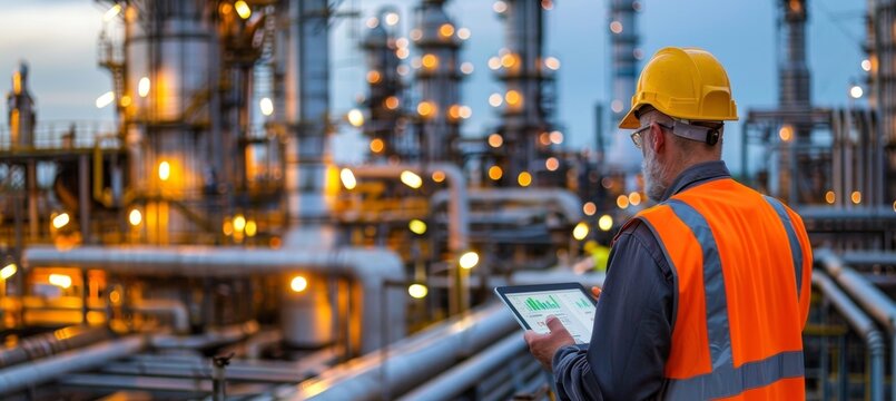 Senior technician operating tablet overseeing gas refinery at twilight among industrial structures