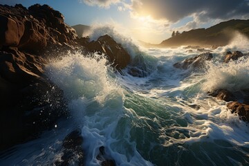 Wind wave crashes against rocks at sunset, creating a dramatic natural landscape - obrazy, fototapety, plakaty